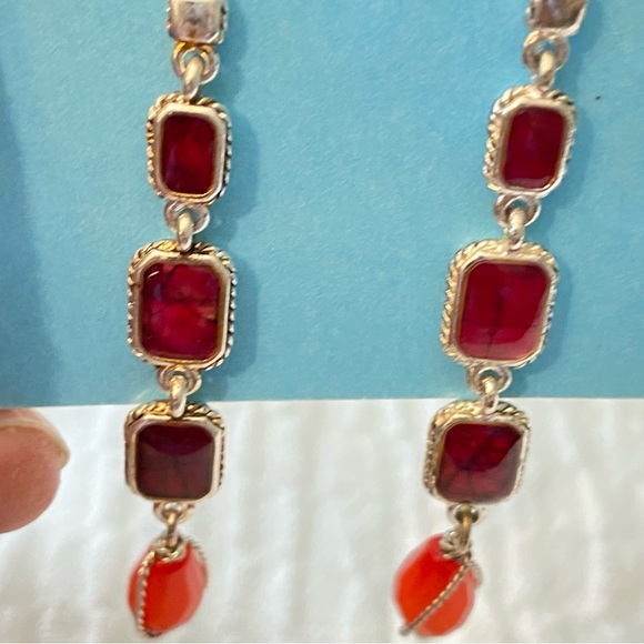 Liz Claiborne Silver Tone Simulated Red Stone Dangle Earings - Picture 3 of 9